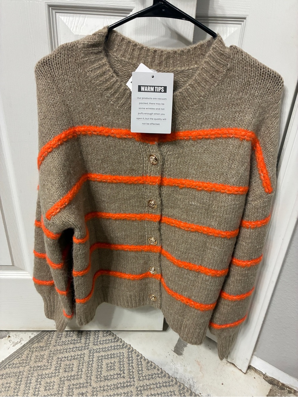 Cozy Striped Button-Front Sweater Cardigan - Orange/Beige